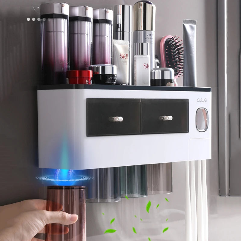 Magnetic Toothbrush Holder For Bathroom,  Auto Toothpaste Squeezer,  Wall Mount Storage Shelves