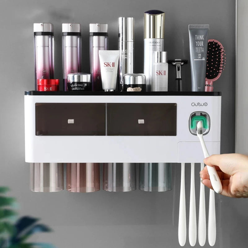 Magnetic Toothbrush Holder For Bathroom,  Auto Toothpaste Squeezer,  Wall Mount Storage Shelves