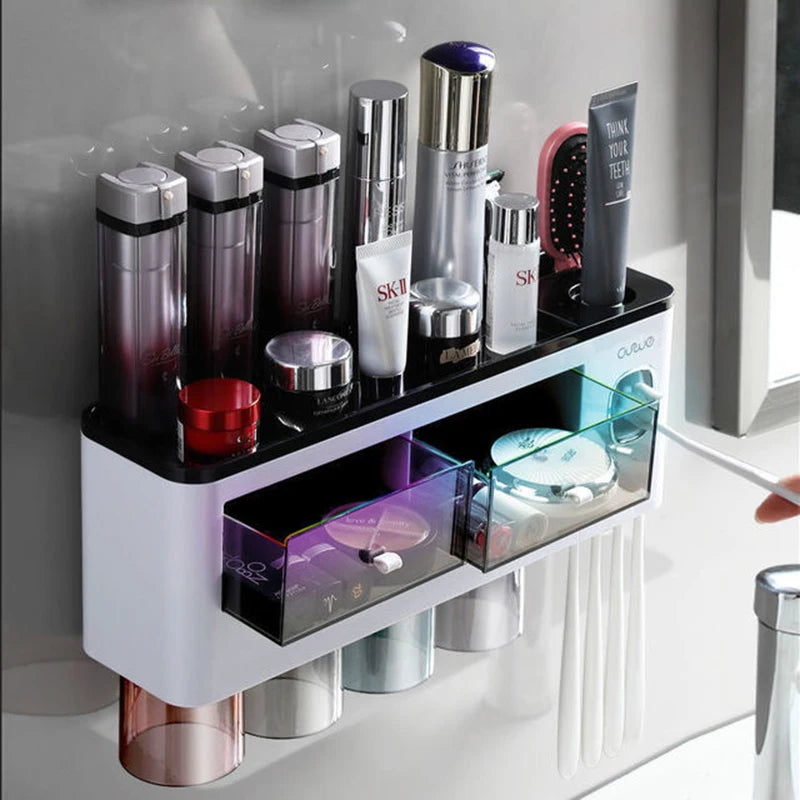 Magnetic Toothbrush Holder For Bathroom,  Auto Toothpaste Squeezer,  Wall Mount Storage Shelves