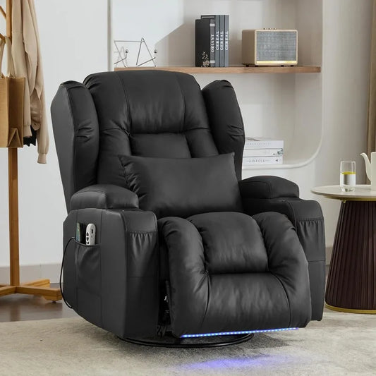 Power Recliner Chair, Faux Leather Swivel Rocking Chair with Vibrating Massage and Heating Nursery Glider Chair