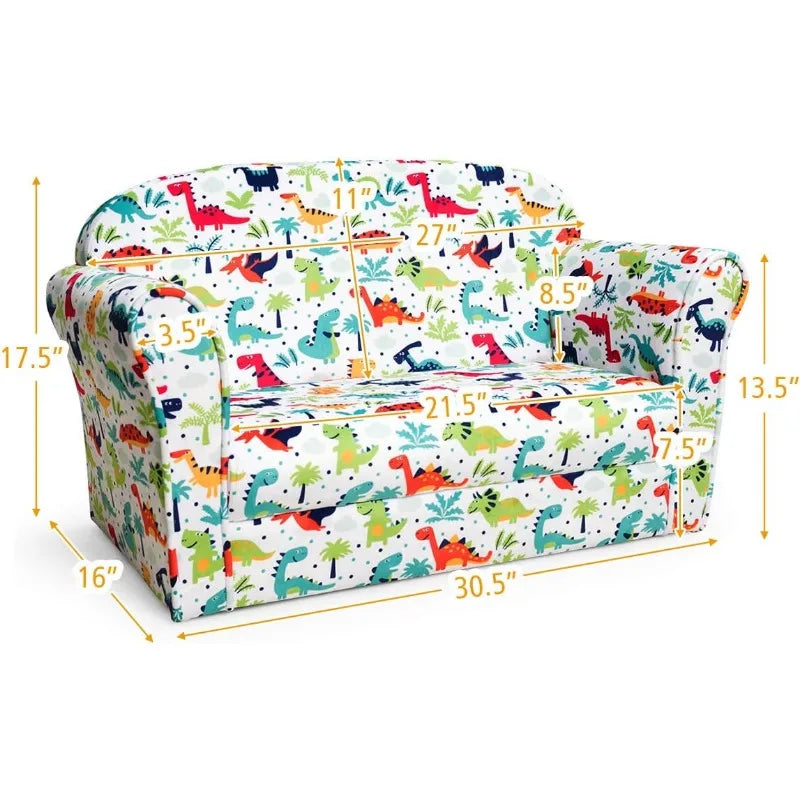 Kids Sofa, Double Seat Children's Sofa w/Dinosaur Pattern, Toddler Furniture Armrest Chair for Bedroom, Living Room