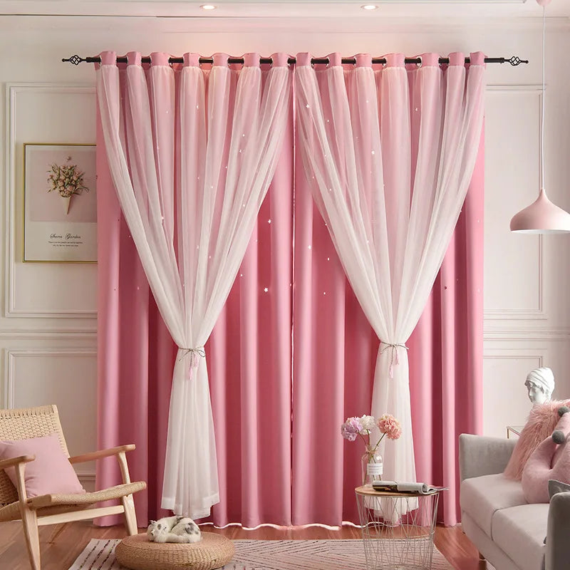 1Pc/2Pcs Girls Double Layer Hollow Out Stars Curtains Princess Romantic Bedroom Decor