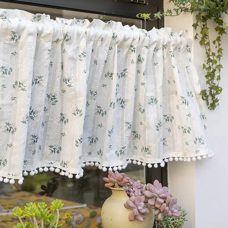 Korean Cotton Daisy Curtains Road Pocket Shade Curtain Floral Tassel for Kitchen Bedroom Living Room Bay Window Cabinet Curtain