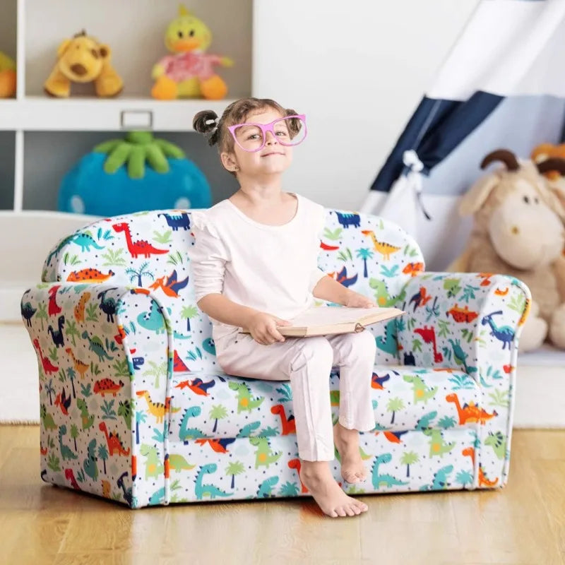 Kids Sofa, Double Seat Children's Sofa w/Dinosaur Pattern, Toddler Furniture Armrest Chair for Bedroom, Living Room