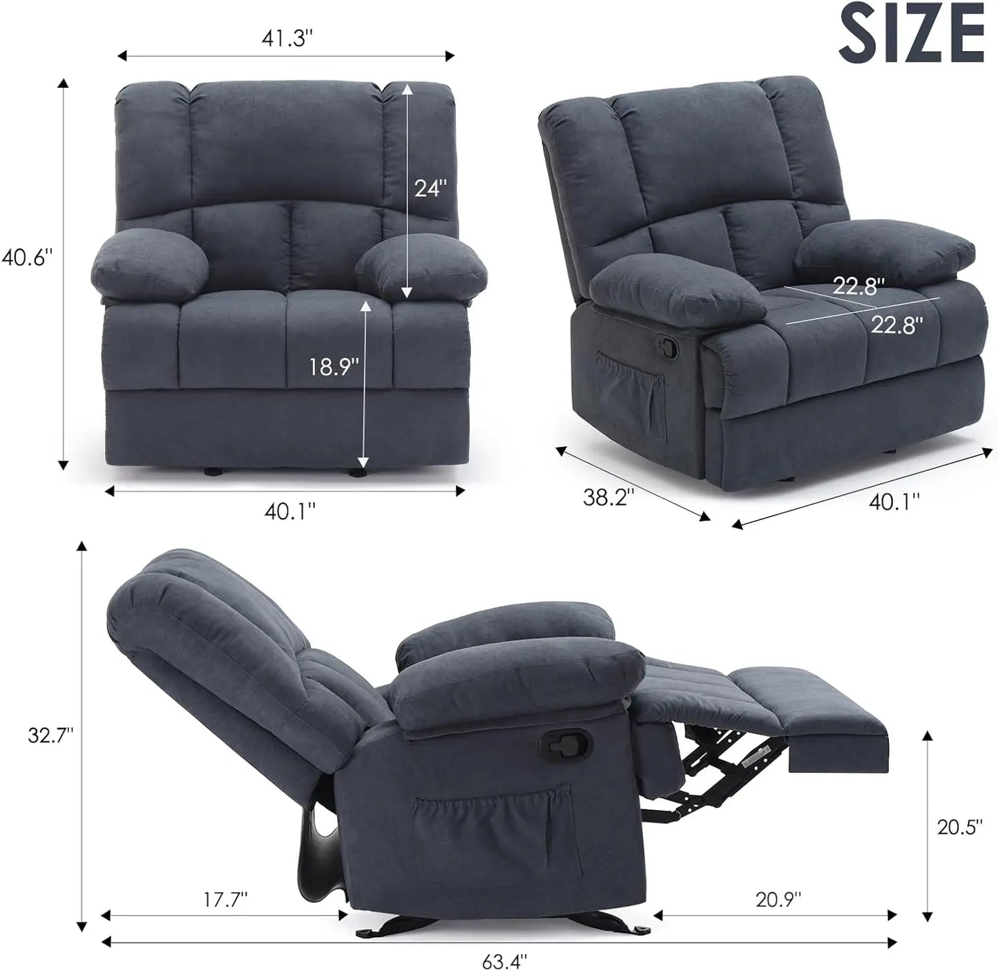 STARY Oversized Rocking Rocker Recliner Chair for Living Room Adults, Dark Grey