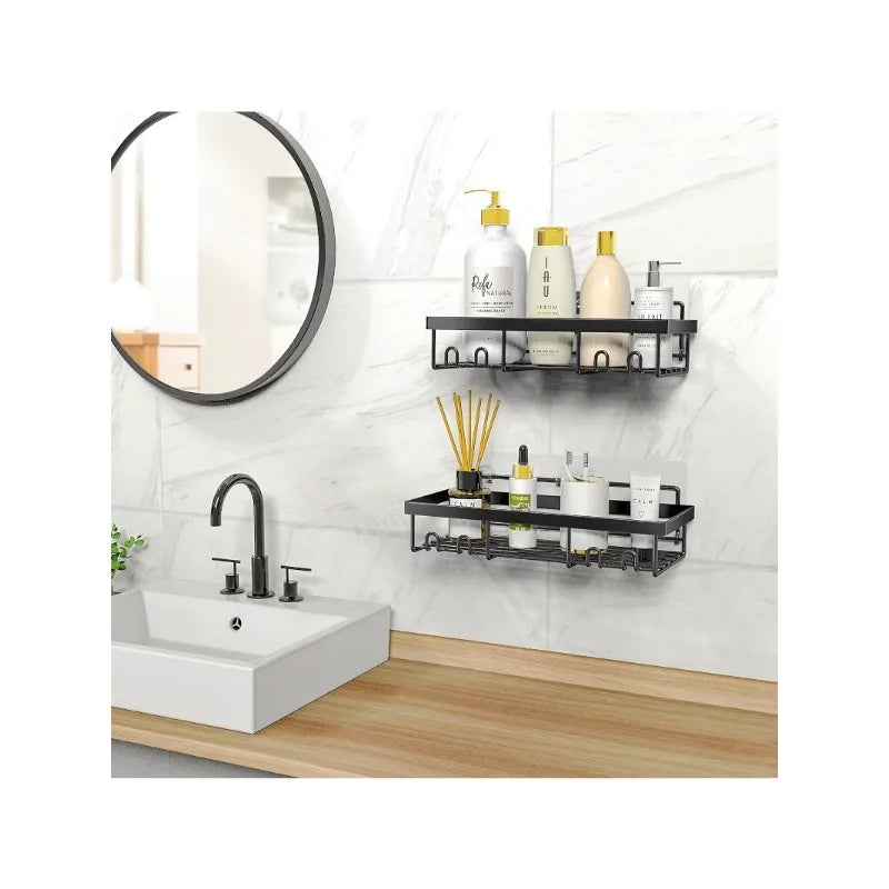 Self-adhesive black bathroom shelf basket.