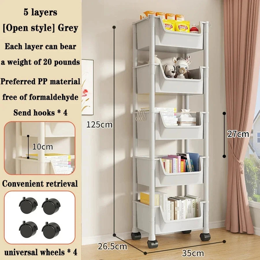 Rolling bookshelf on wheels, multi-tiered storage shelf.