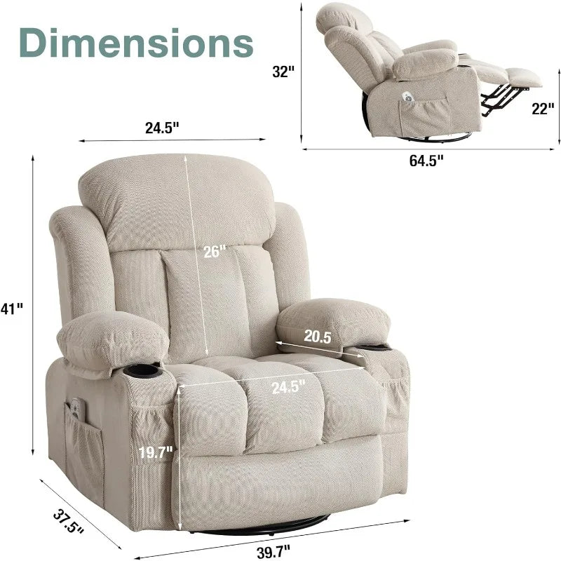 Massage Recliner Chair, Swivel and Rocking Recliner with Heat and Vibration, Breathable Fabric Ergonomic Single Sofa Chair