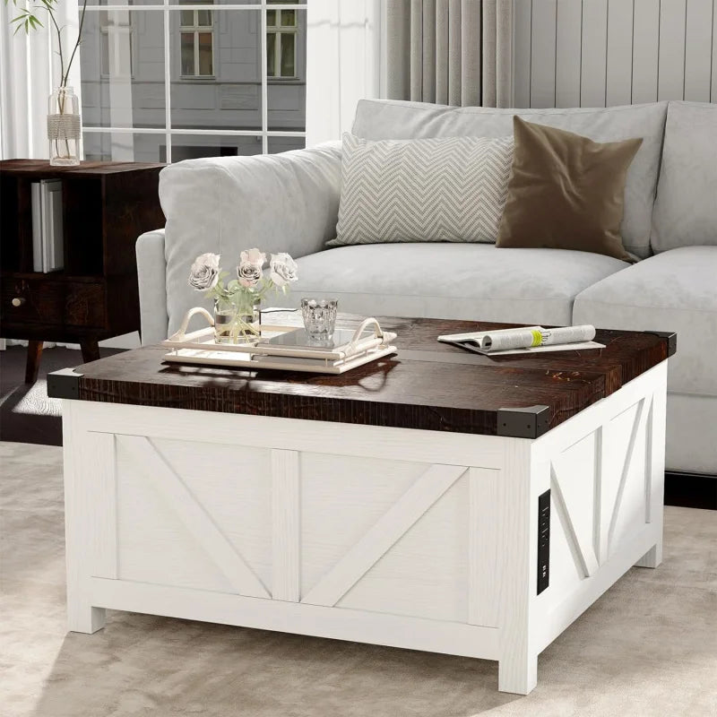 Farmhouse Lift-Top Coffee Table  with Charging Station and USB Ports,