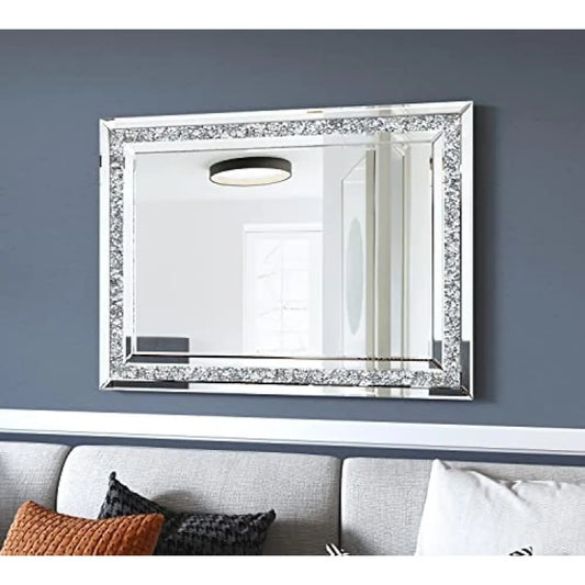 32 x 24 Inches Decorative Crystal Mirrors for Wall Decor, Living Room Luxury Modern Mirrored Home Decoration, Silver