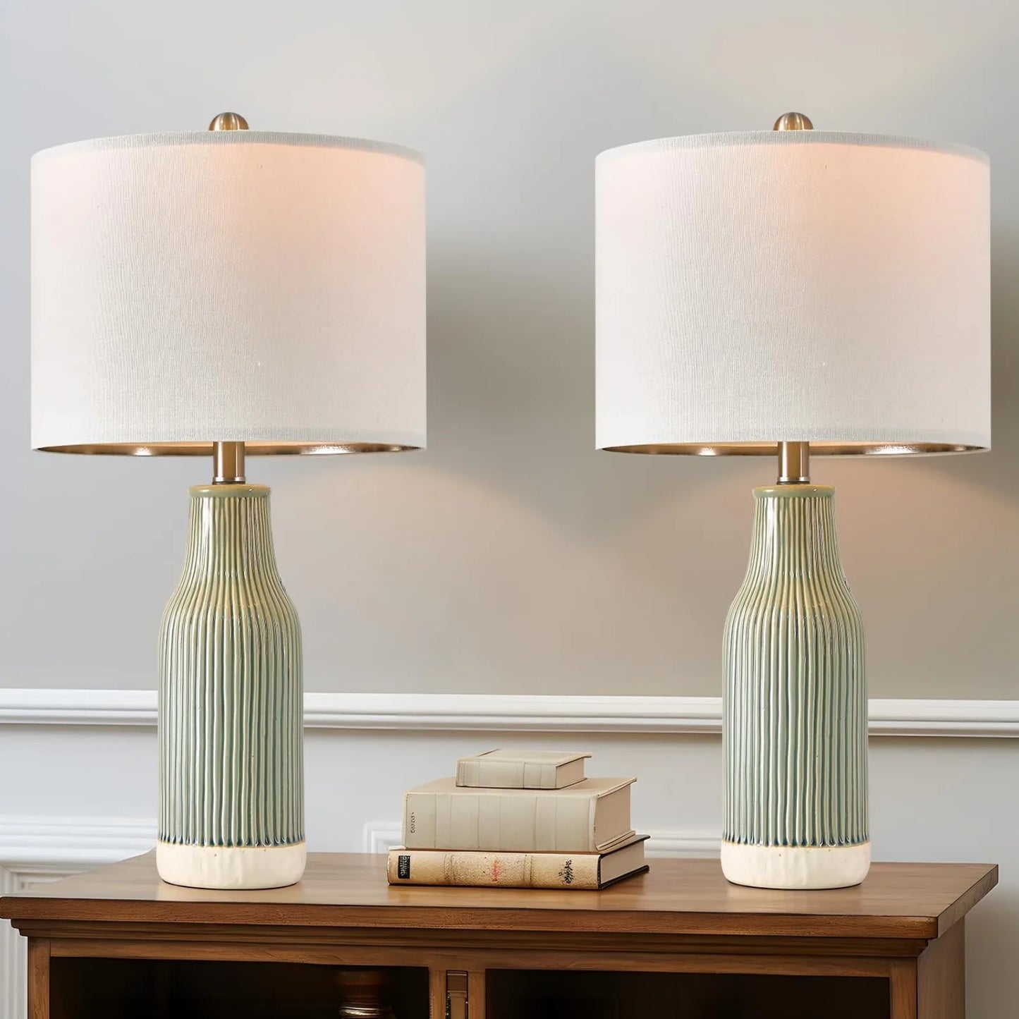 Modern Green Ceramic Table Lamp Set of 2 for Living Room, Farmhouse Bedside Nightstand Lamp for Bedroom Home