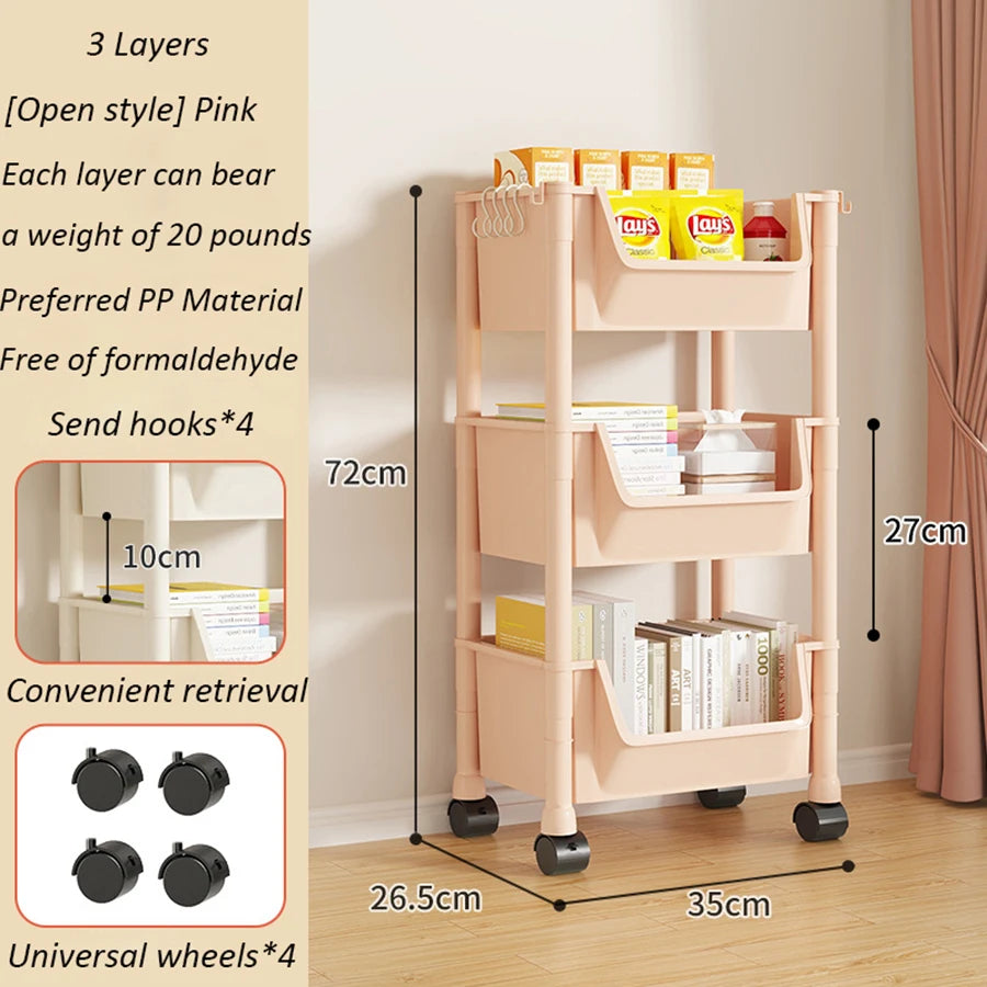 Rolling bookshelf on wheels, multi-tiered storage shelf.