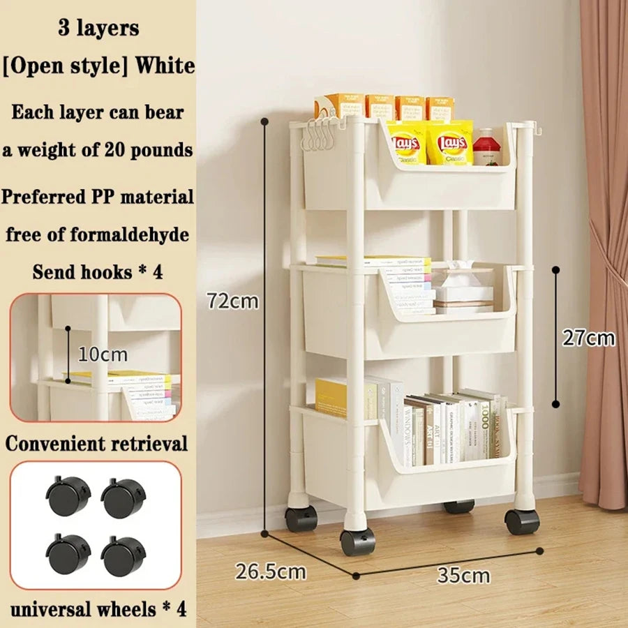 Rolling bookshelf on wheels, multi-tiered storage shelf.