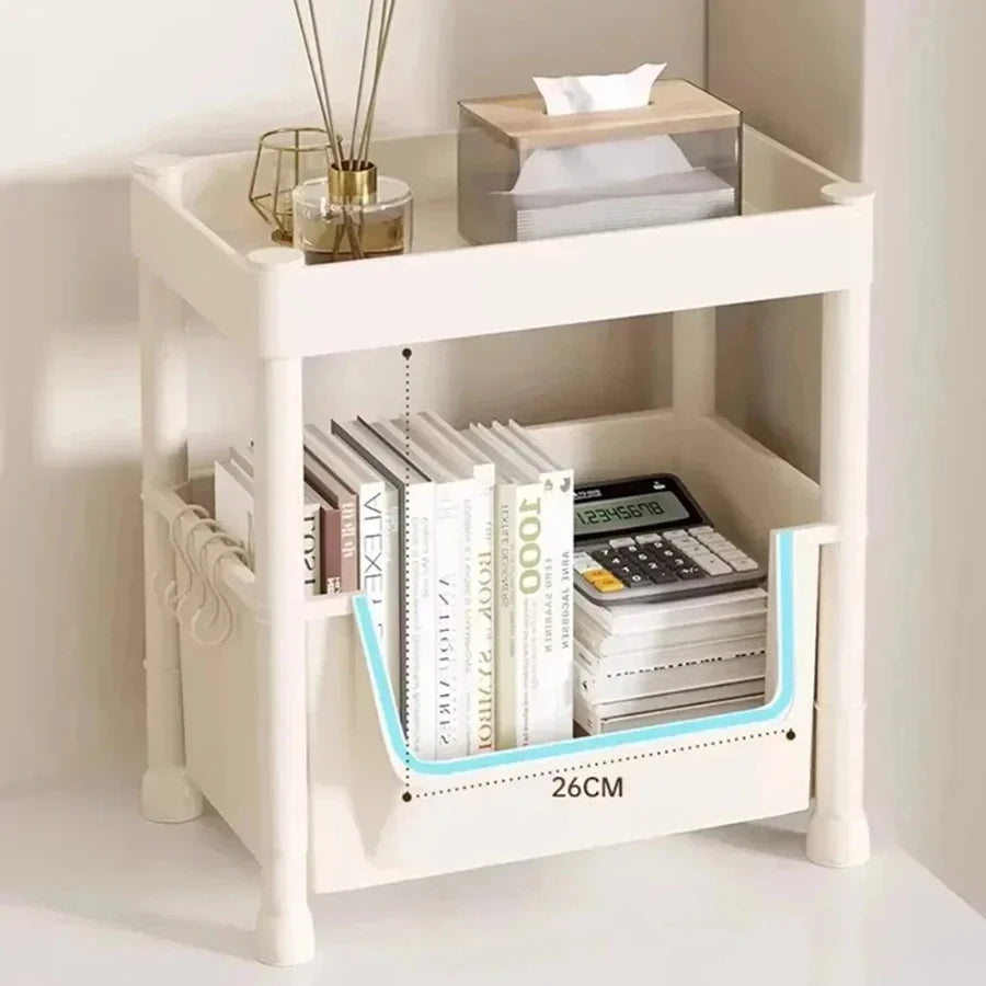 Rolling bookshelf on wheels, multi-tiered storage shelf.