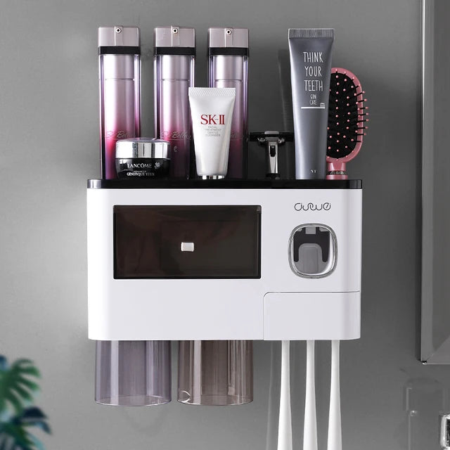 Magnetic Toothbrush Holder For Bathroom,  Auto Toothpaste Squeezer,  Wall Mount Storage Shelves