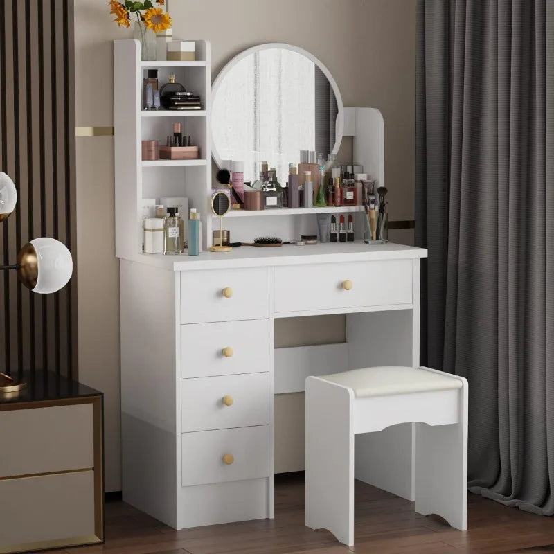 Vanity Desk Set with LED Lighted Round Mirror,Makeup Dressing Table with 5 Drawers,Storage Shelves & Cushioned Stool for Bedroom