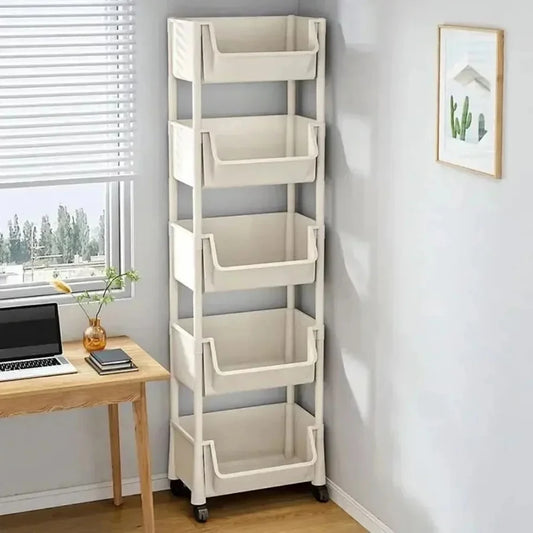 Rolling bookshelf on wheels, multi-tiered storage shelf.