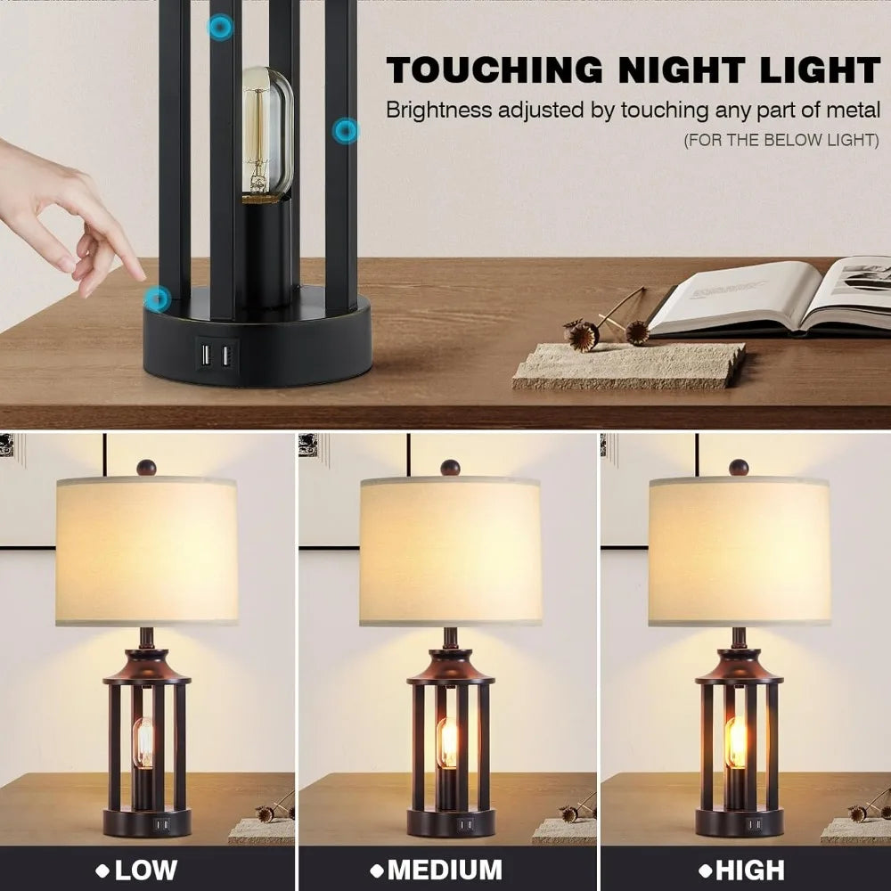 Touch Control Farmhouse Table Lamps for Bedroom,3-Way Dimmable Bedside Lamps with 2 USB Charging Ports and AC Outlet, Vintage