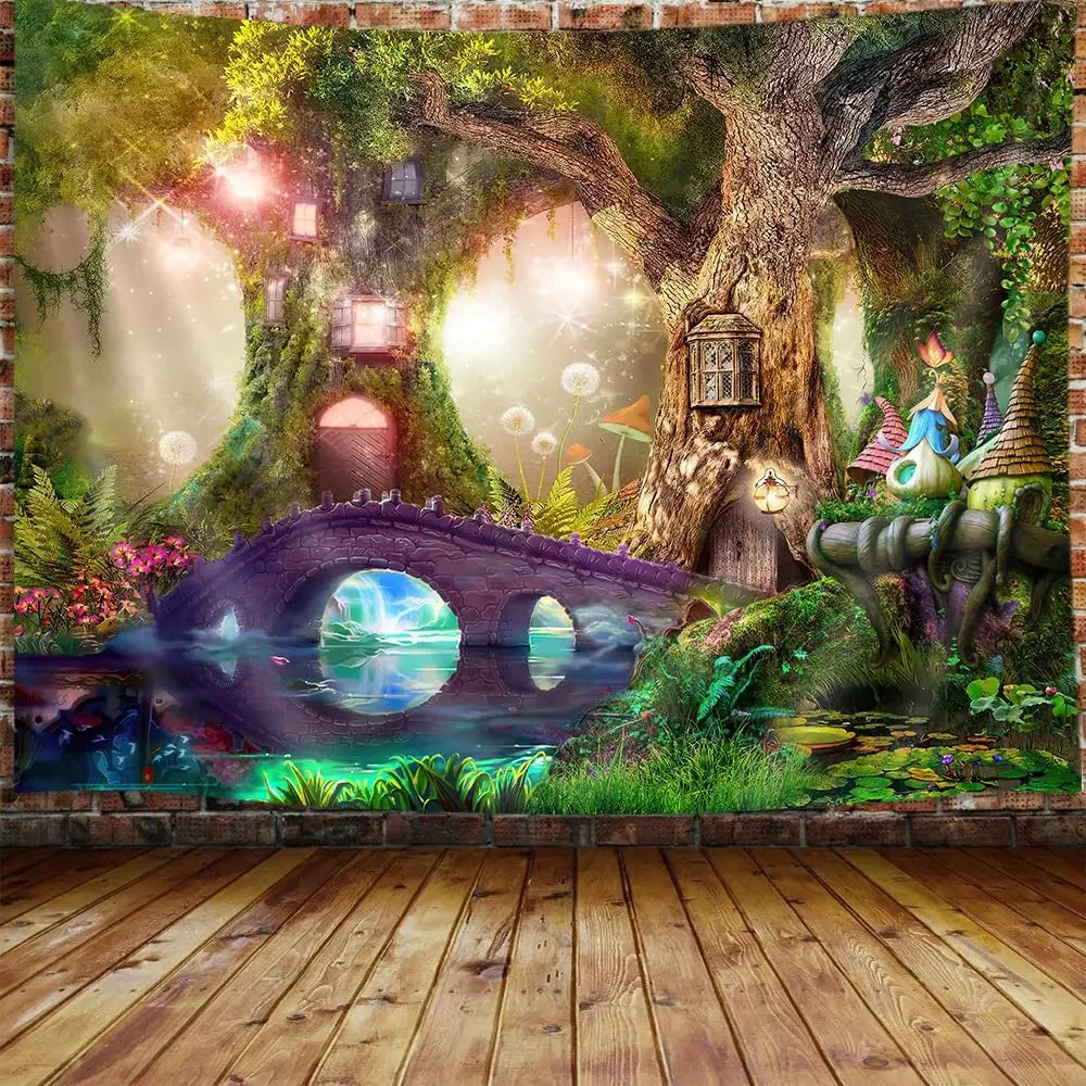 Fantasy forest landscape tapestry flowers and plants misty tree hole tapestry wall art hanging cloth room home decoration