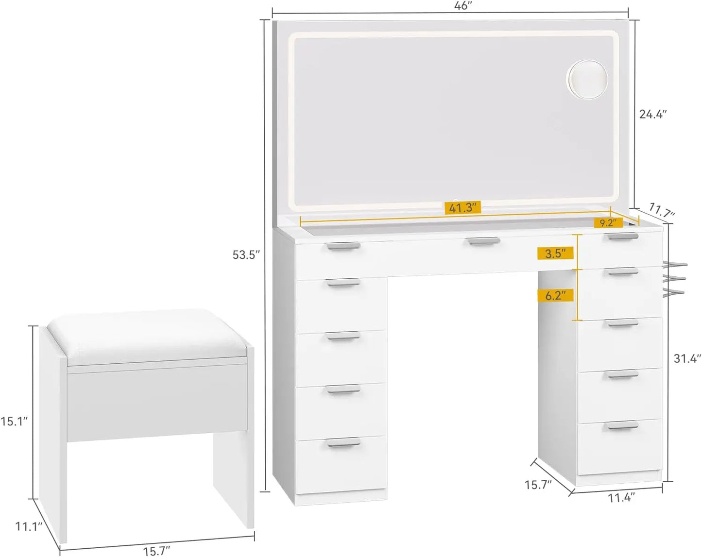 Vanity Desk Set with LED Lighted Mirror Glass Tabletop 11 Drawers Power Strip Hair Dryer Rack and Storage Stool for Bedroom