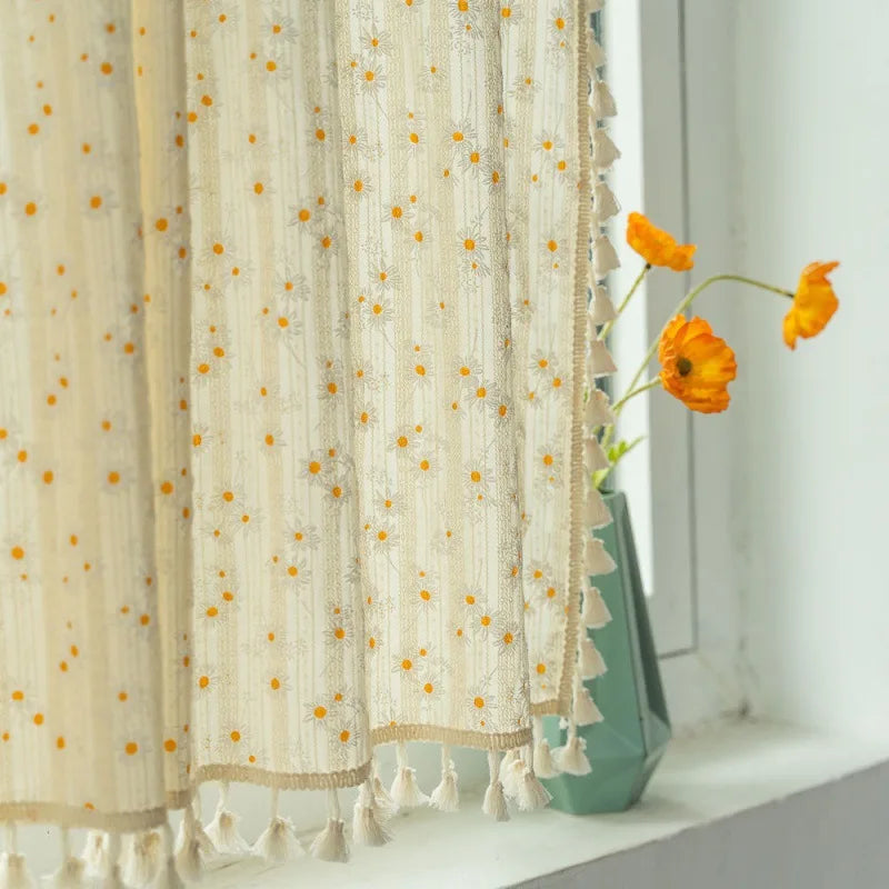 Korean Cotton Daisy Curtains Road Pocket Shade Curtain Floral Tassel for Kitchen Bedroom Living Room Bay Window Cabinet Curtain