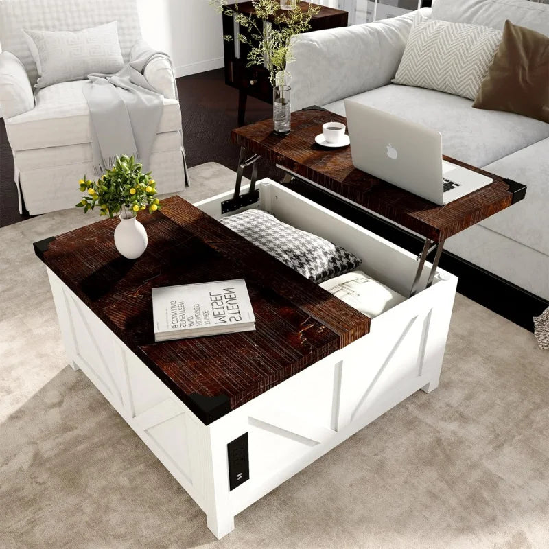 Farmhouse Lift-Top Coffee Table  with Charging Station and USB Ports,