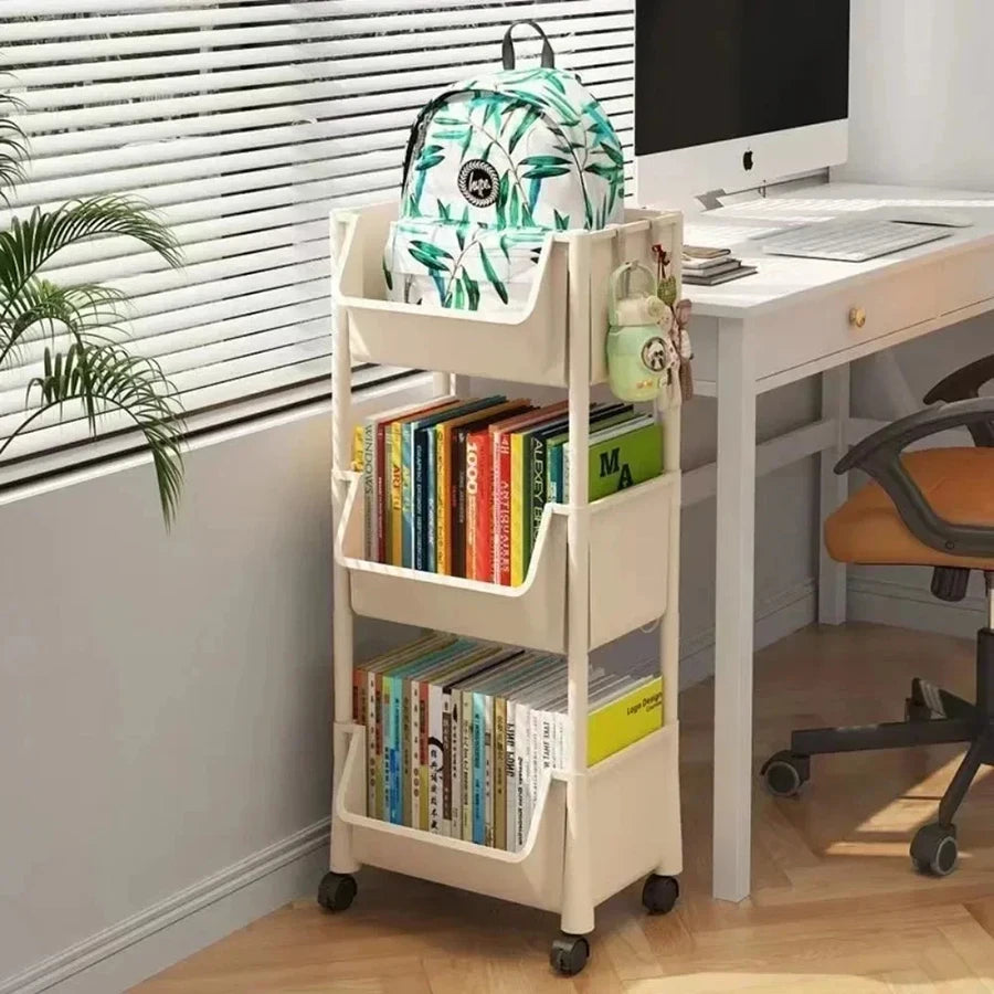 Rolling bookshelf on wheels, multi-tiered storage shelf.