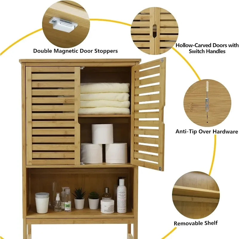 Bathroom Over-The-Toilet Storage Cabinet with Doors and Shelves, , Natural Wood