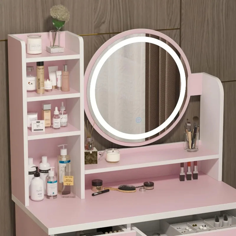 Vanity Desk Set with LED Lighted Round Mirror,Makeup Dressing Table with 5 Drawers,Storage Shelves & Cushioned Stool for Bedroom