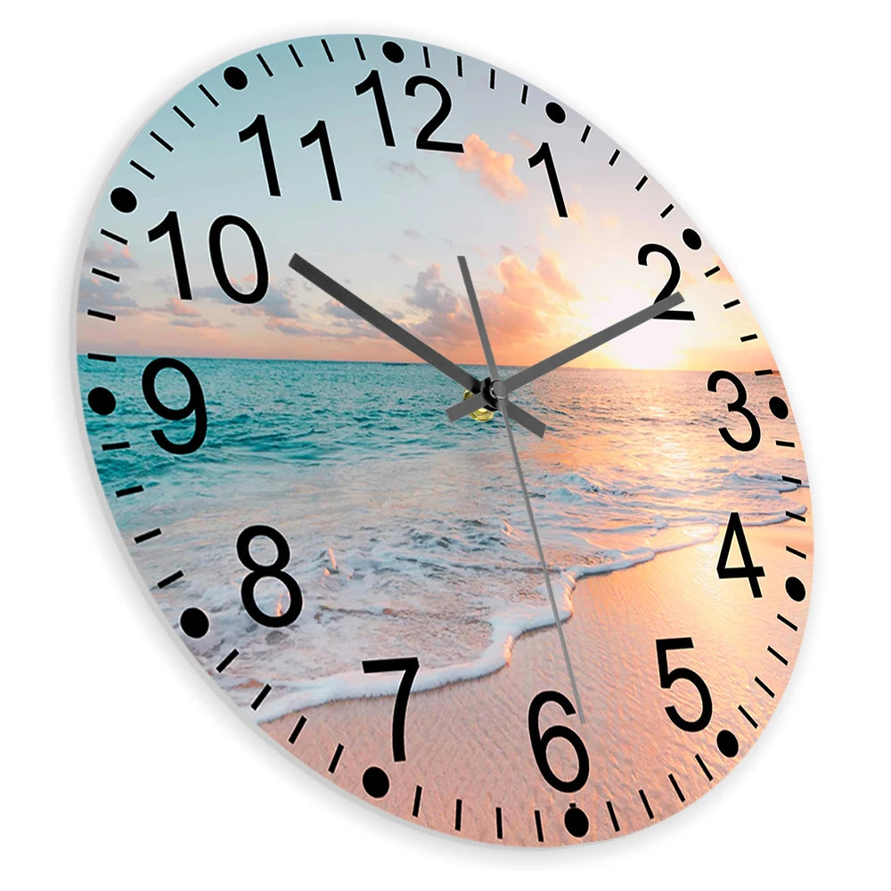 Beach Sunset Ocean Waves Printed Wall Clock For Living Room Tropical Sea Nature Scenery Home Decor Watch Silent Quartz Clock