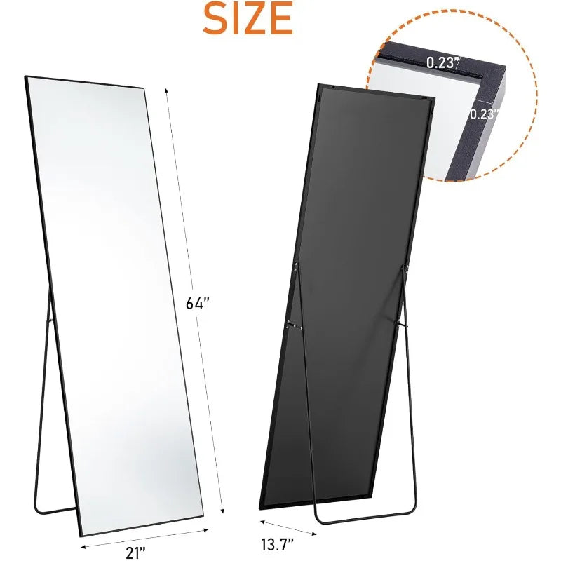 64"x21", Full Body Mirror with Stand, Hanging or Leaning for Wall, Aluminum Alloy Thin Frame Floor Standing for Living Room