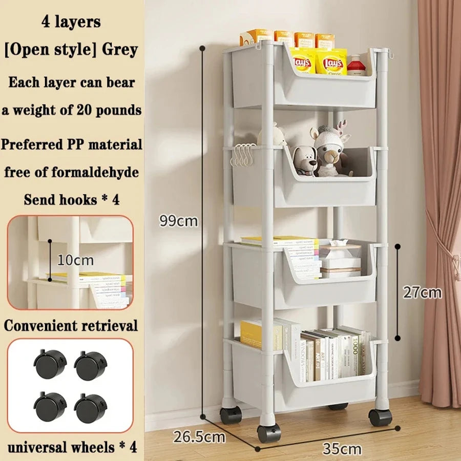 Rolling bookshelf on wheels, multi-tiered storage shelf.