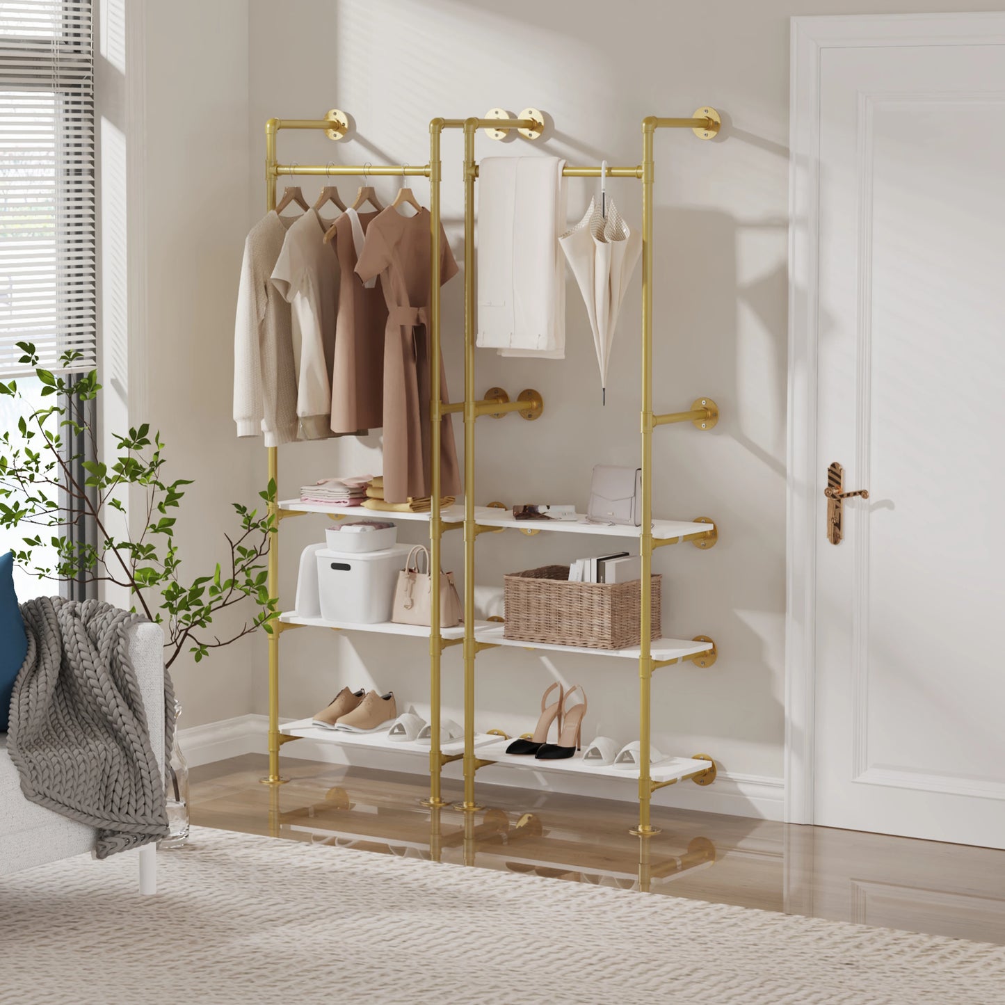 Gold Industrial Pipe Clothes Rack on Wall