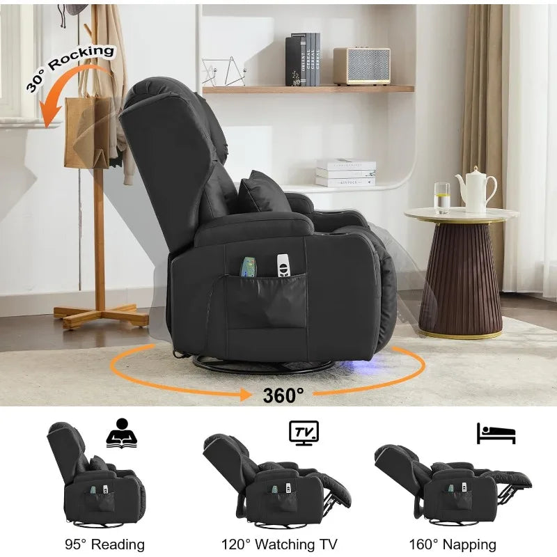 Power Recliner Chair, Faux Leather Swivel Rocking Chair with Vibrating Massage and Heating Nursery Glider Chair