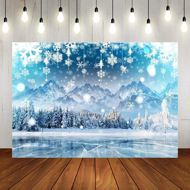 Winter Forest Mountain Background White Snowflake Banner Christmas Party Decor Ice Lake Snowy Scene Backdrop Photography