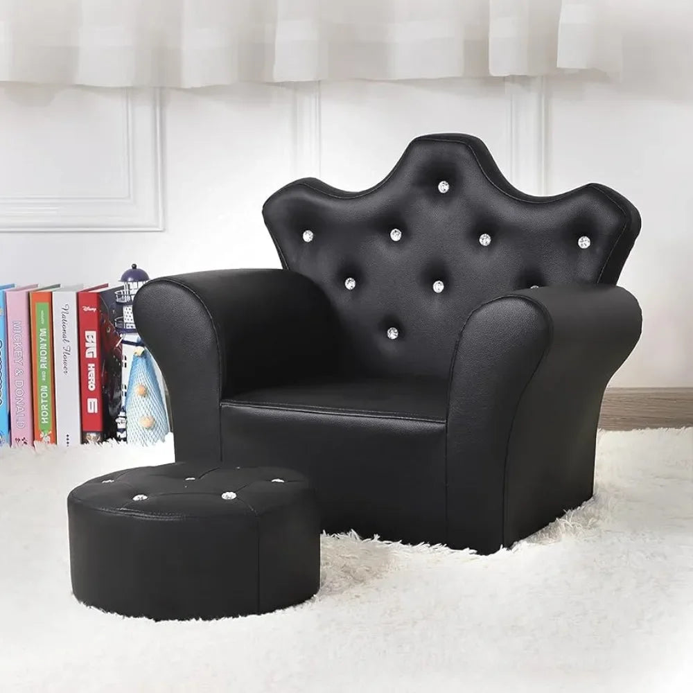 Kids Sofa Chair with Ottoman Set, PVC Leather Kids Armchair with Footstool, Small Toddler Couch Couch with Wooden Frame for