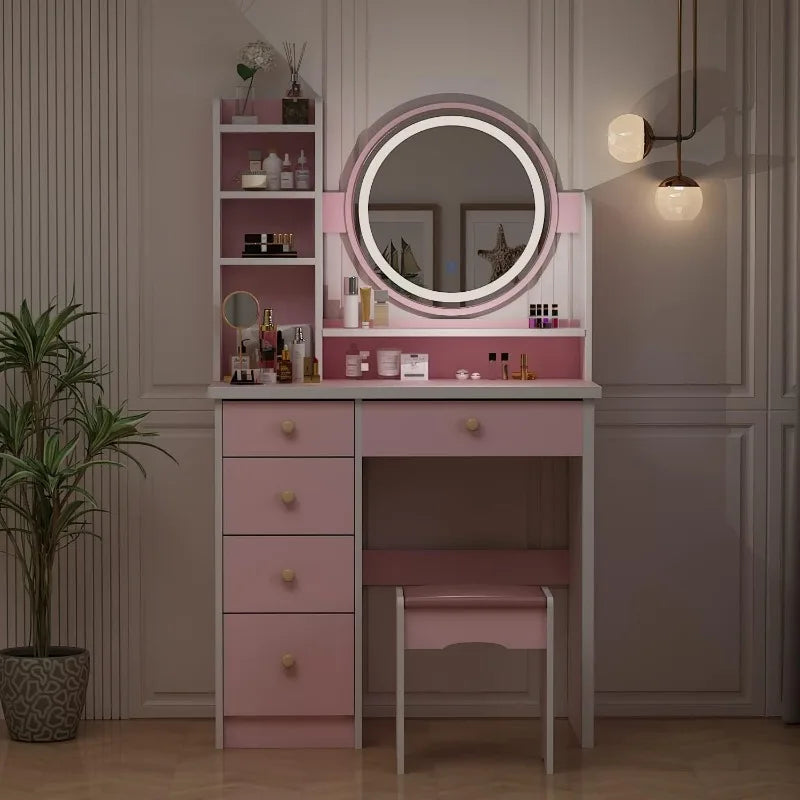 Vanity Desk Set with LED Lighted Round Mirror,Makeup Dressing Table with 5 Drawers,Storage Shelves & Cushioned Stool for Bedroom