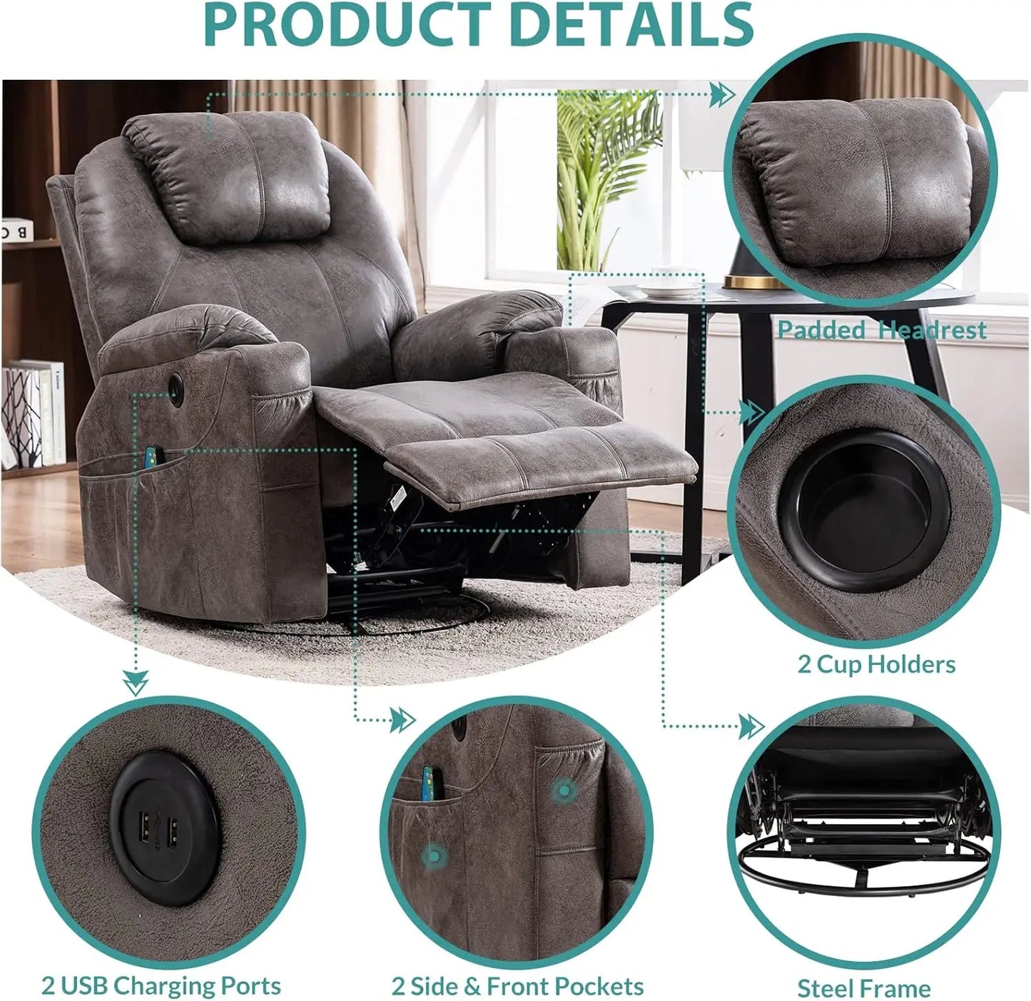 Swivel Rocker Massage Recliner Chair with Heat Ergonomic.