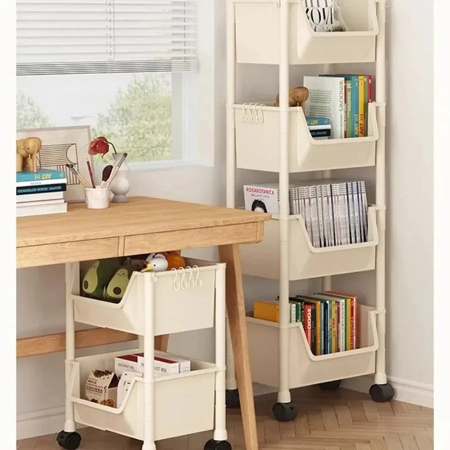 Rolling bookshelf on wheels, multi-tiered storage shelf.