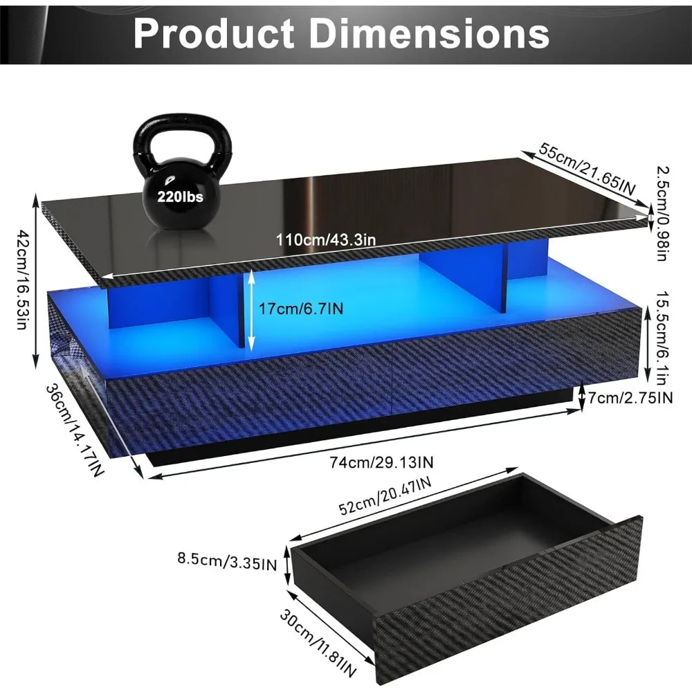 LED Coffee Table with 2 Storage Drawers and High Glossy Modern Table