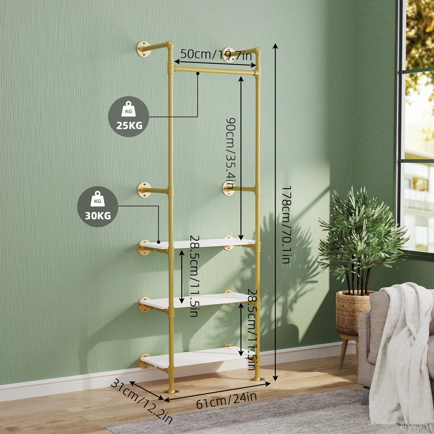 Gold Industrial Pipe Clothes Rack on Wall