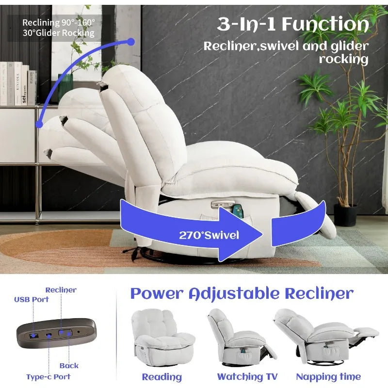 Power Recliner Chair, Massage Chair Recliner with Heated, Modern Swivel Rocking Recliner Chairs for Adults with USB,