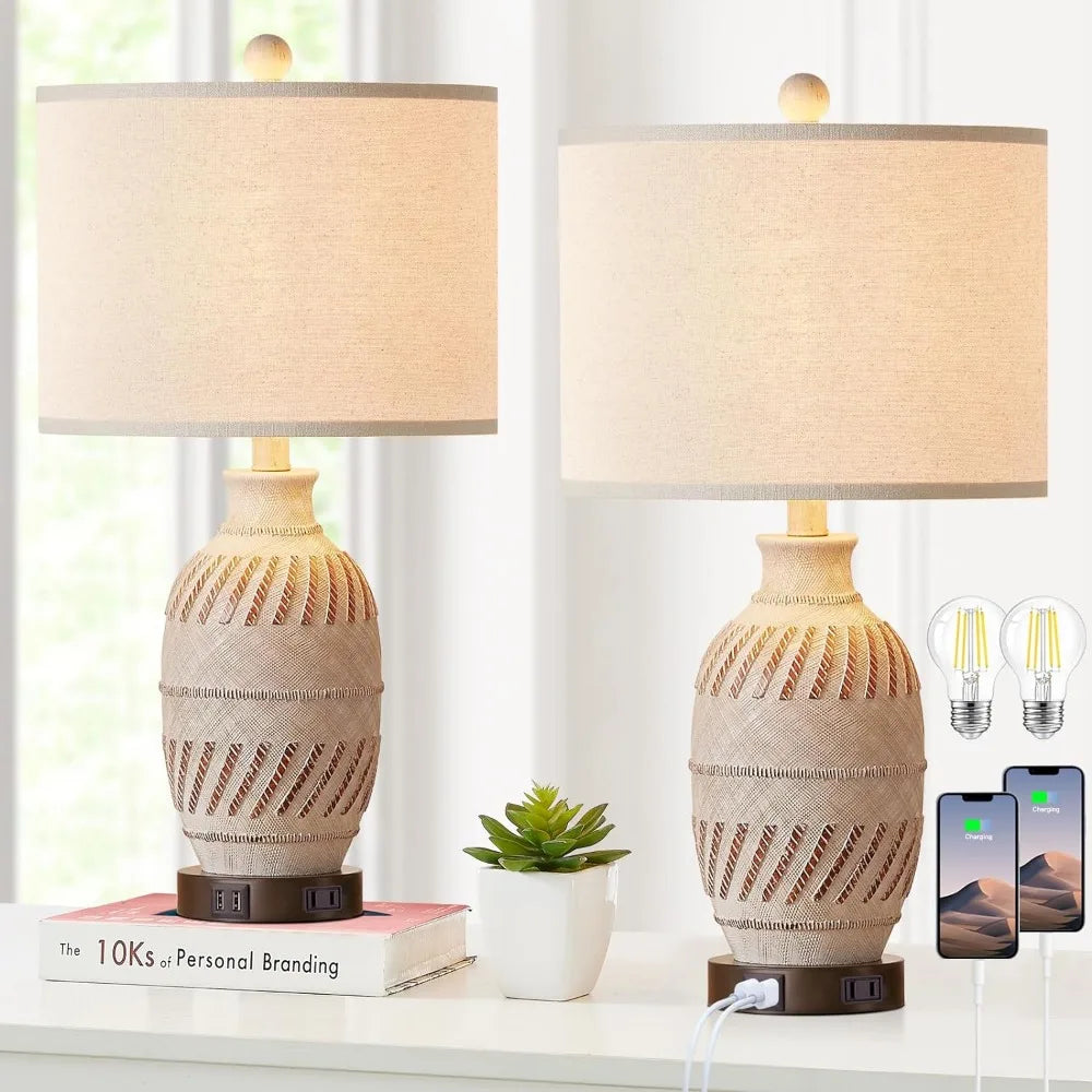 Touch Control Farmhouse Table Lamps for Bedroom,3-Way Dimmable Bedside Lamps with 2 USB Charging Ports and AC Outlet, Vintage