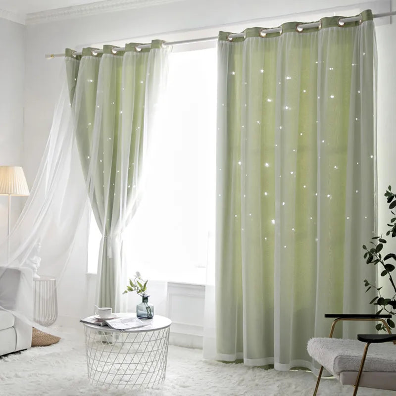 1Pc/2Pcs Girls Double Layer Hollow Out Stars Curtains Princess Romantic Bedroom Decor