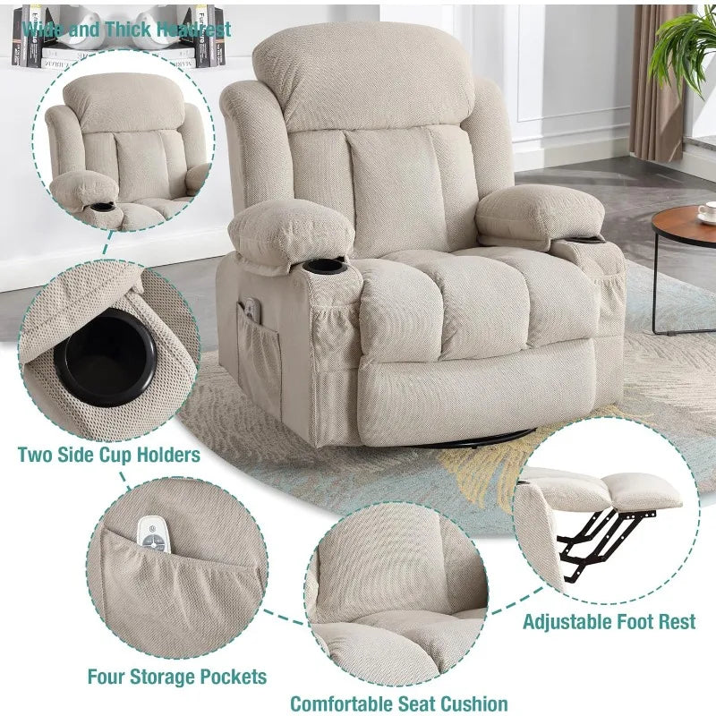 Massage Recliner Chair, Swivel and Rocking Recliner with Heat and Vibration, Breathable Fabric Ergonomic Single Sofa Chair