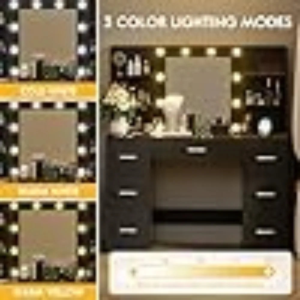 Vanity Desk with LED Lighted Mirror&Power Outlet 3 Model Lights Makeup Table with Drawers Vanity Table Set for Women Girls