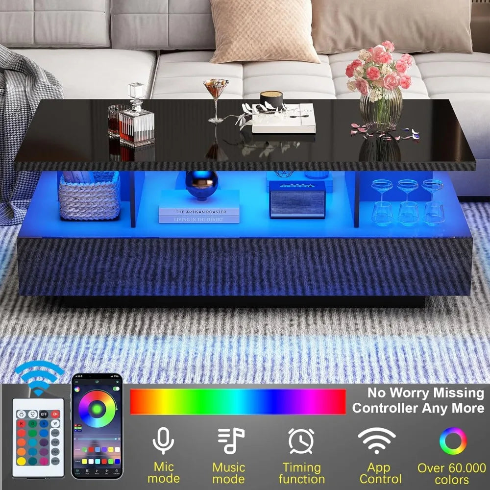 LED Coffee Table with 2 Storage Drawers and High Glossy Modern Table