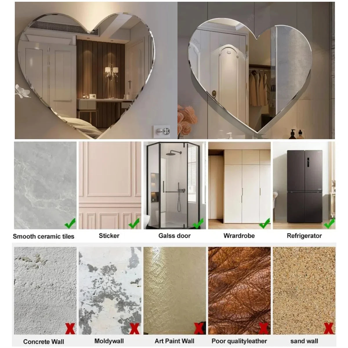 7.87 Inch Heart-shaped Irregular Bathroom Acrylic Shatterproof Mirrors, Non Glass Wall Mirror Decor for Bedroom, Living Room,