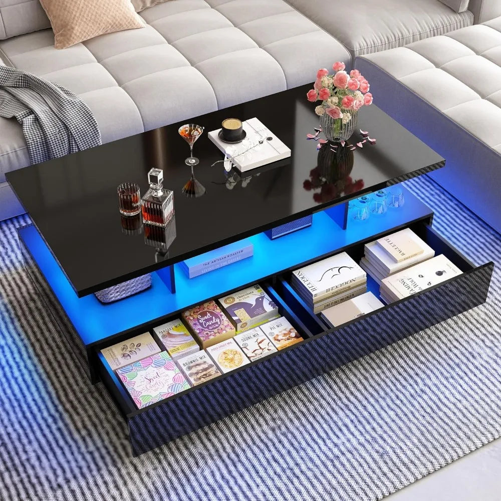 LED Coffee Table with 2 Storage Drawers and High Glossy Modern Table