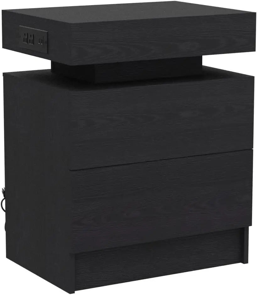 Night Stand with Charging Station, Modern Black Nightstand with LED Light and Drawers, Bedside Tables/End Table for Bedroom